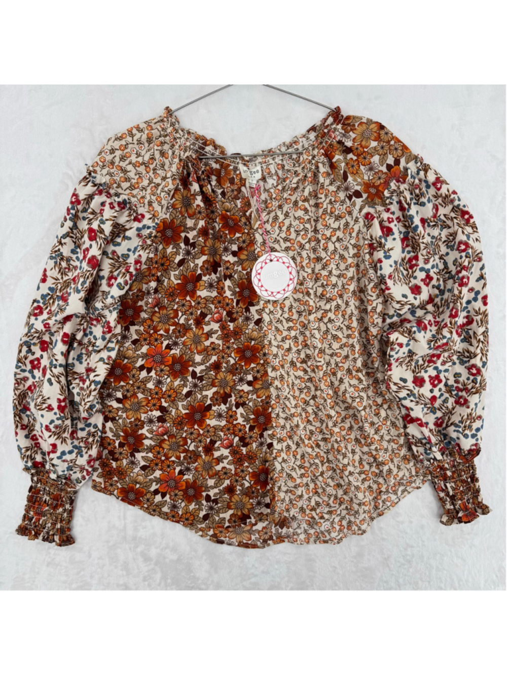 Umgee Patchwork Floral Peasant Top Ruffles Multicolor Cottagecore Boho Sz Small
